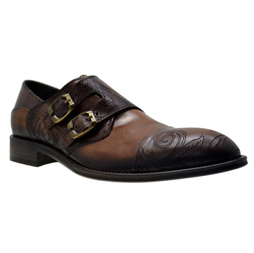 Men's Italian Shoes Jo Ghost 3000 Brown Leather Embroidery Monk Shoes