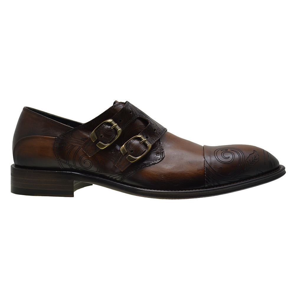 Men's Italian Shoes Jo Ghost 3000 Brown Leather Embroidery Monk Shoes
