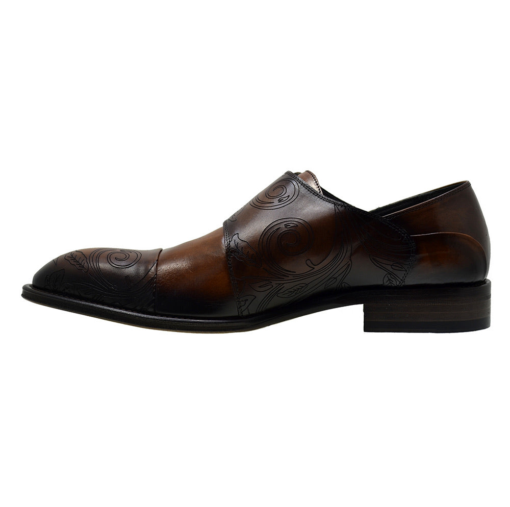 Men's Italian Shoes Jo Ghost 3000 Brown Leather Embroidery Monk Shoes