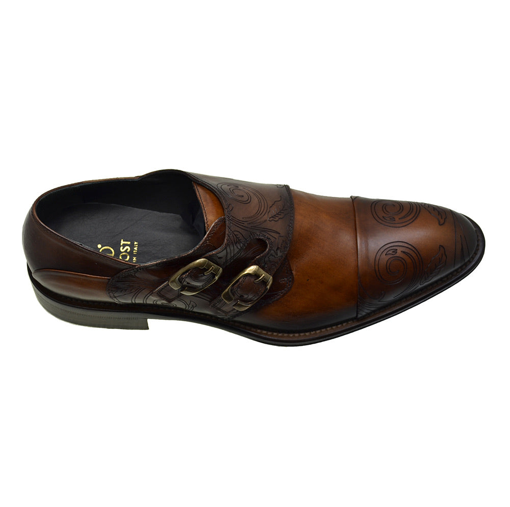 Men's Italian Shoes Jo Ghost 3000 Brown Leather Embroidery Monk Shoes