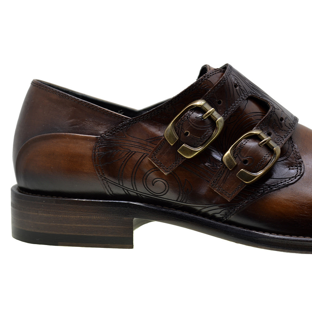 Men's Italian Shoes Jo Ghost 3000 Brown Leather Embroidery Monk Shoes