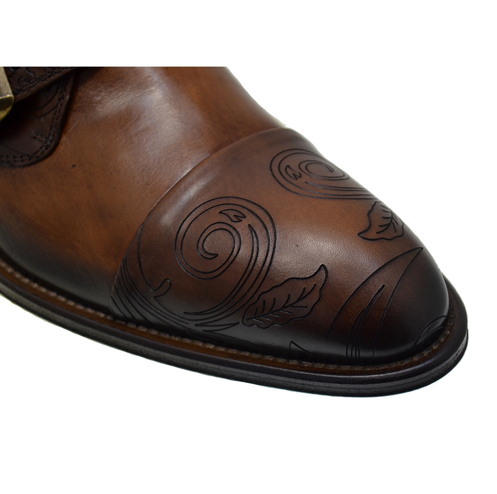 Men's Italian Shoes Jo Ghost 3000 Brown Leather Embroidery Monk Shoes