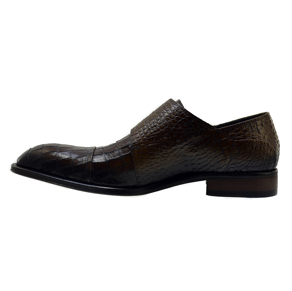 Men's Italian Shoes Jo Ghost 3001 Brown Leather Print Crocodile Monk Shoes