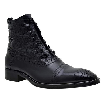 Men's Italian Shoes Jo Ghost 3814 Black Leather Print Crocodile Brogues Boots
