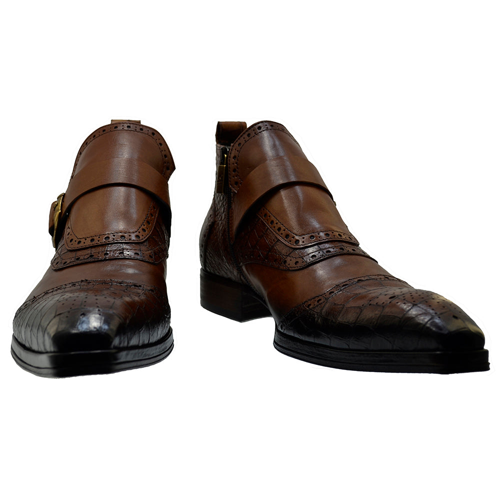 Italian Man's Shoes Jo Ghost 3996 Brown Leather Print Crocodile Formal Low Ankle Boots