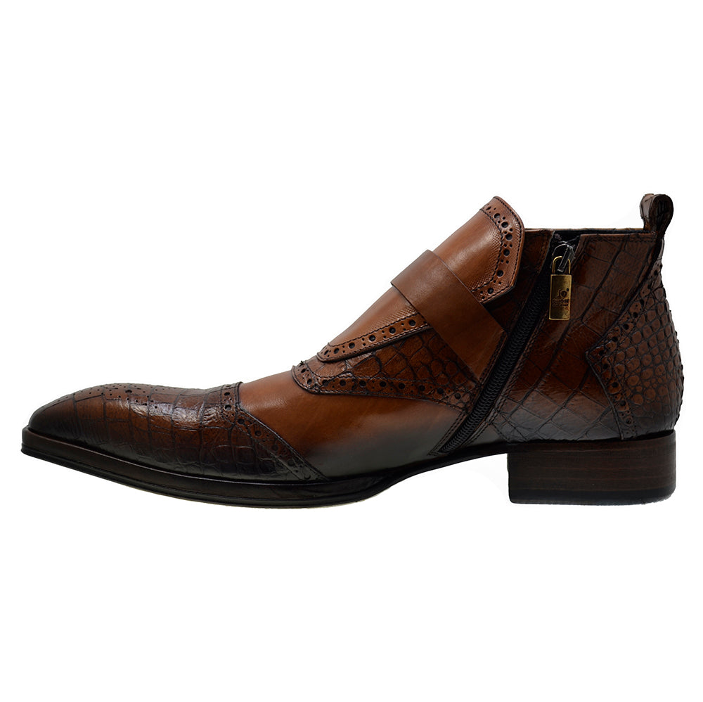 Italian Man's Shoes Jo Ghost 3996 Brown Leather Print Crocodile Formal Low Ankle Boots