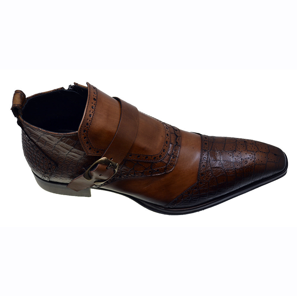 Italian Man's Shoes Jo Ghost 3996 Brown Leather Print Crocodile Formal Low Ankle Boots