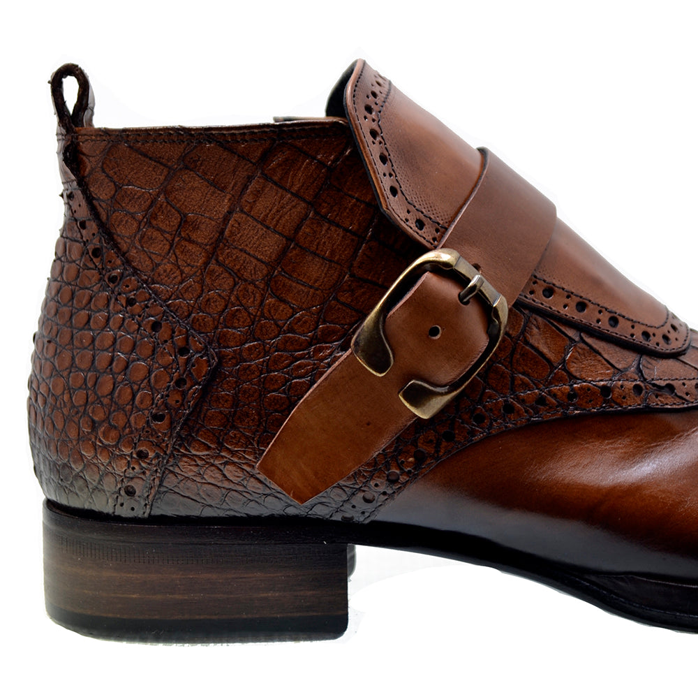 Italian Man's Shoes Jo Ghost 3996 Brown Leather Print Crocodile Formal Low Ankle Boots