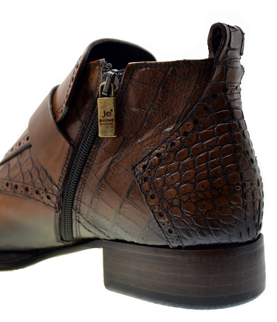 Men's Italian Shoes Jo Ghost 3996 Brown Leather Print Crocodile Dress Boots