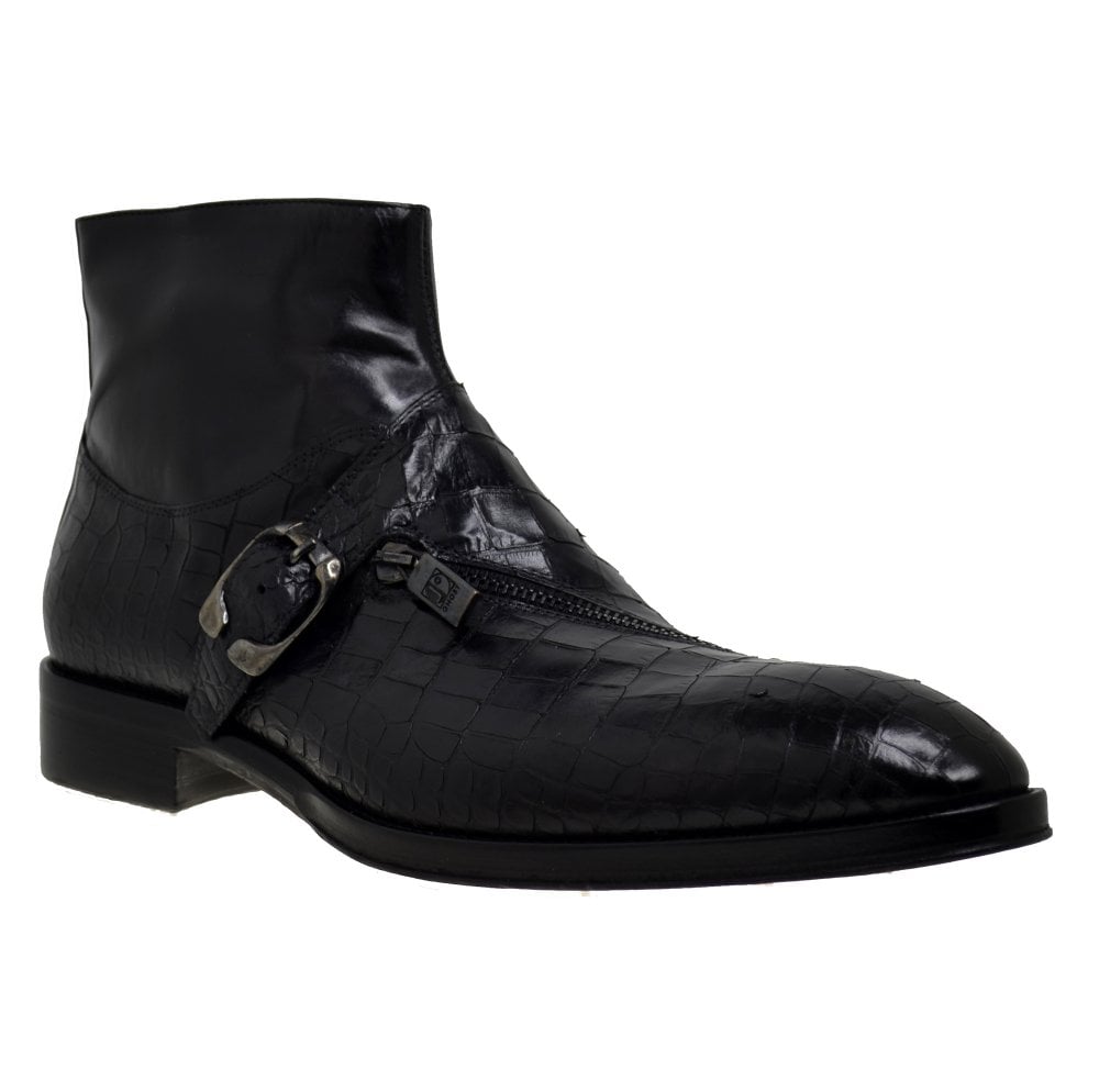 Italian Men's Shoes Jo Ghost 847 Black Leather Print Crocodile Formal Ankle Monk Boots