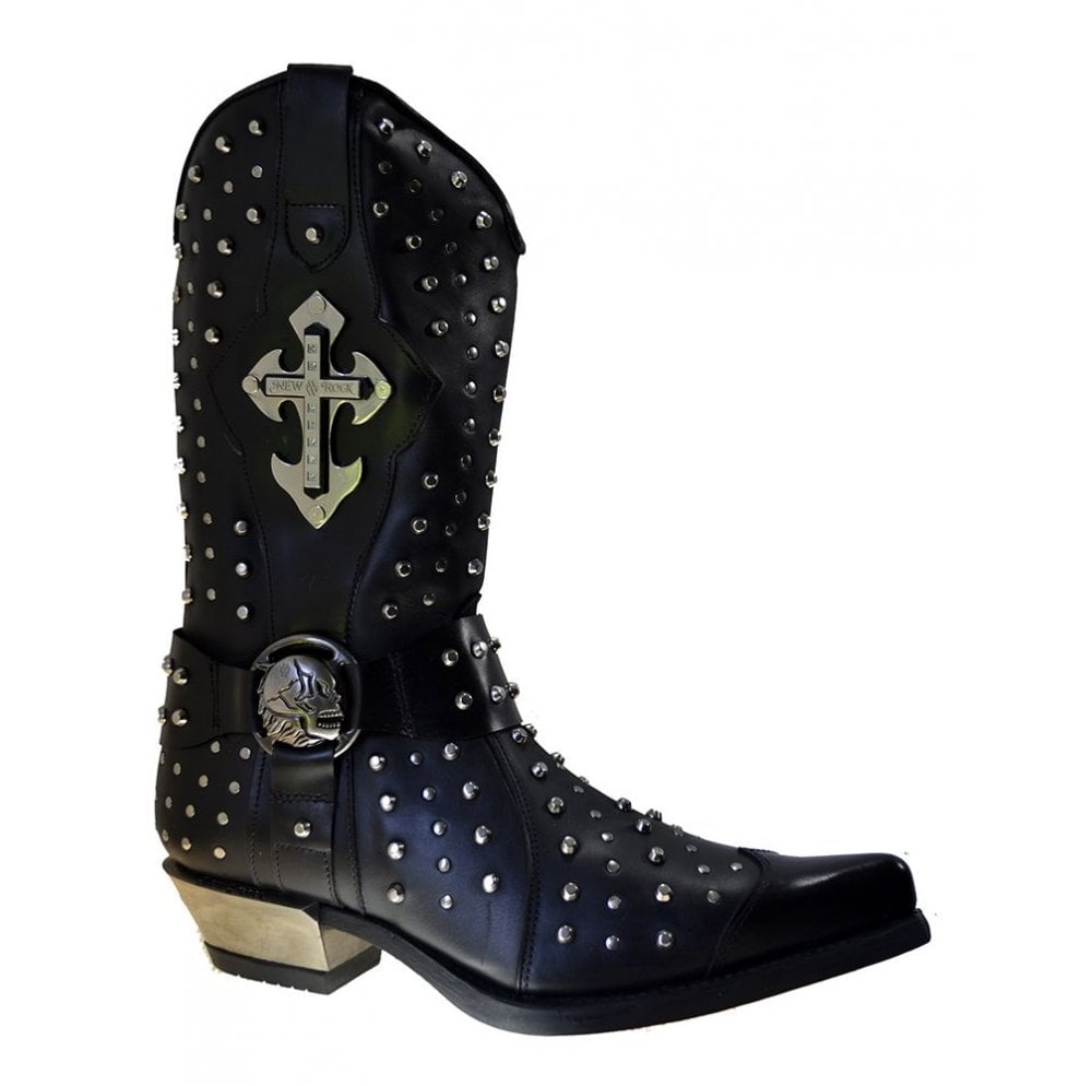 Newrock Men's Shoes M7954 Black Leather Metal Stud Metal Cuban Heel Harness Mid Calf Cowboy Boots