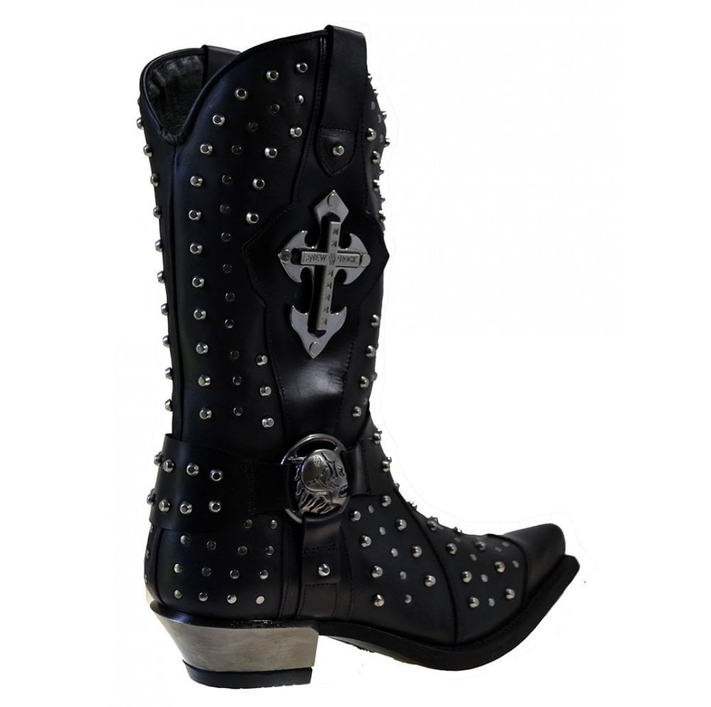 Newrock Men's Shoes M7954 Black Leather Metal Stud Metal Cuban Heel Harness Mid Calf Cowboy Boots