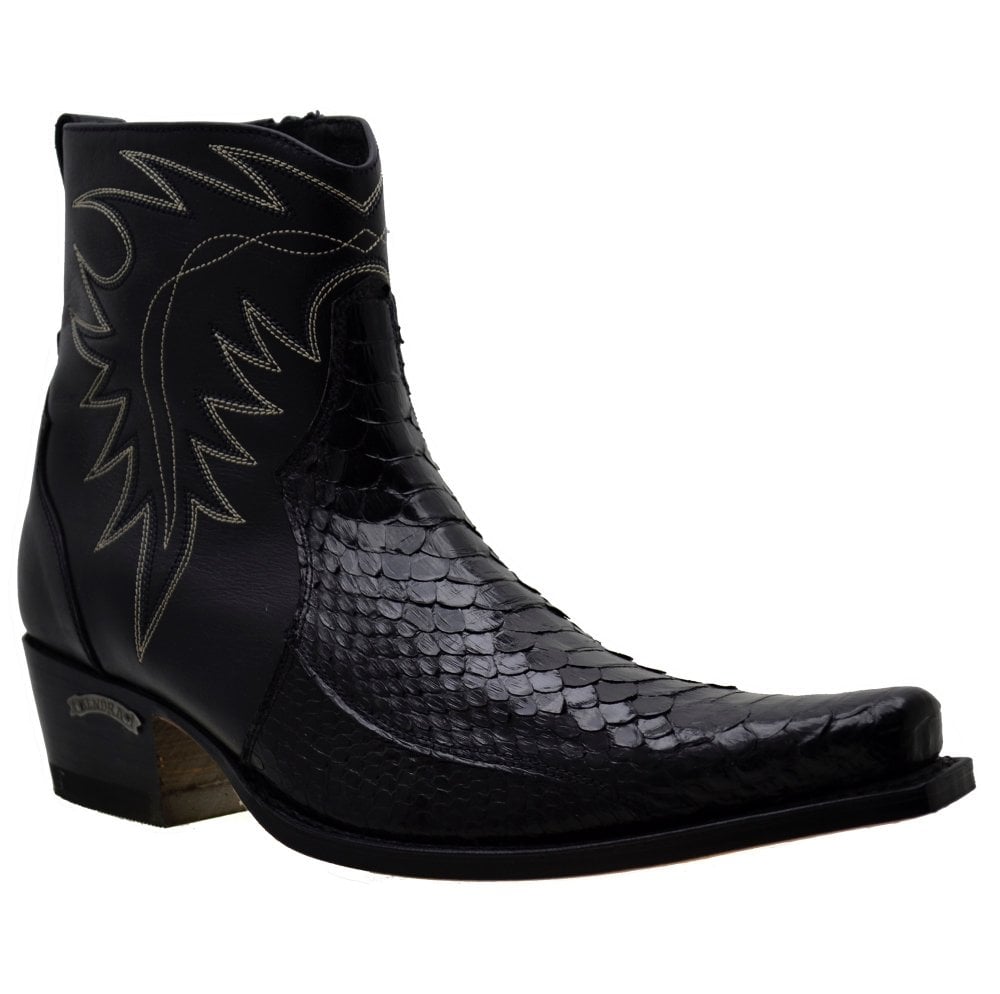 Sendra Men's Shoes 10165p Black Leather Black Python Ankle Cowboy Boots