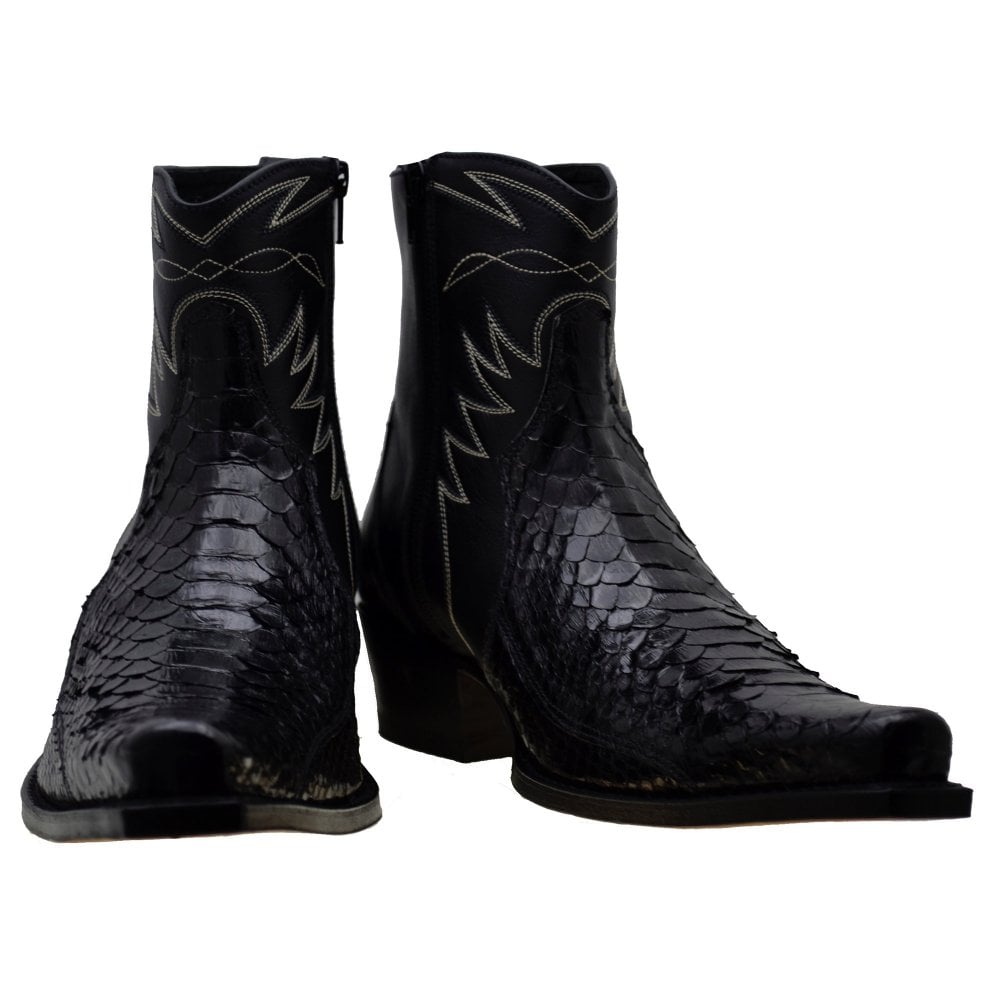 Sendra 10165P Black Leather Black Python Skin Ankle Cowboy Boots