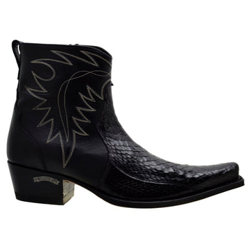 Sendra 10165P Black Leather Black Python Skin Ankle Cowboy Boots