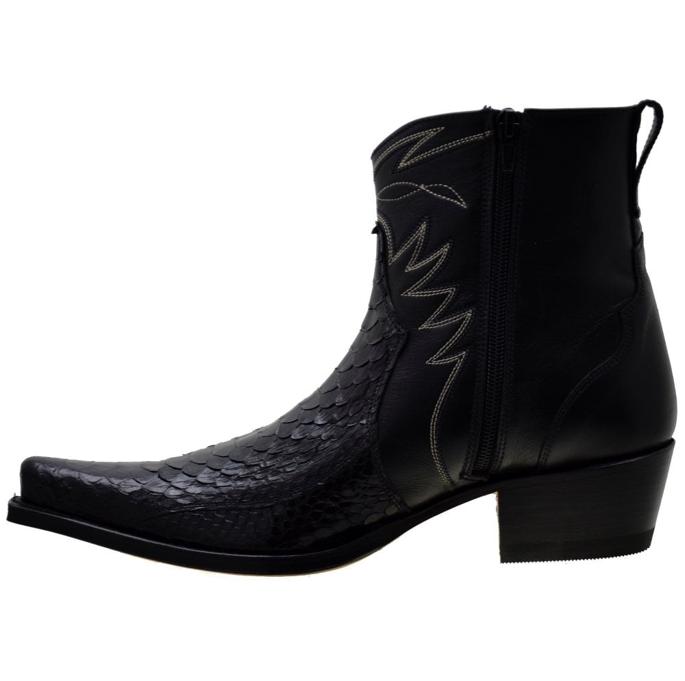 Sendra 10165P Black Leather Black Python Skin Ankle Cowboy Boots