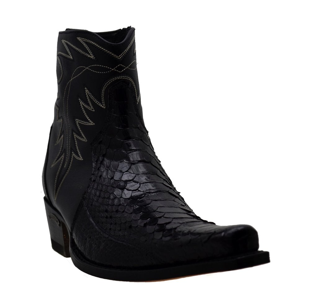 Sendra 10165P Black Leather Black Python Skin Ankle Cowboy Boots