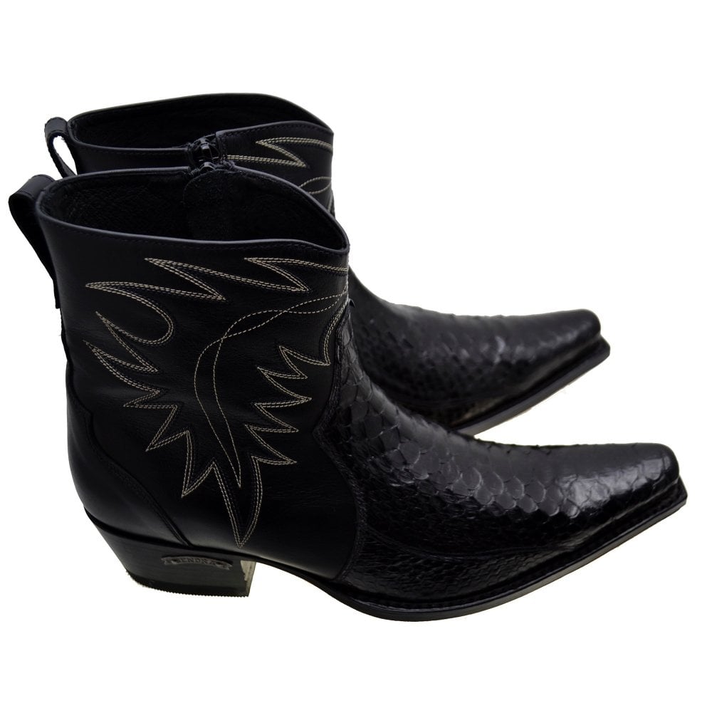 Sendra 10165P Black Leather Black Python Skin Ankle Cowboy Boots