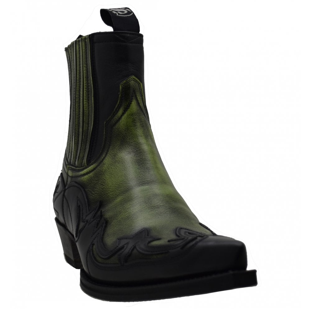 Sendra 16414 Black Green Leather Cuban Heel Ankle Cowboy Boots