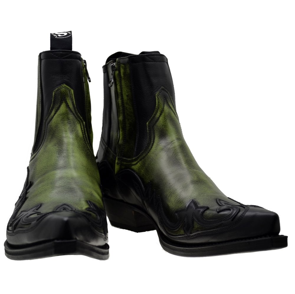 Sendra 16414 Black Green Leather Cuban Heel Ankle Cowboy Boots