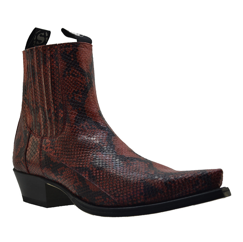 Sendra Spain Model 1692P Red Print Python Calf-skin Leather Pull-up Ankle Cowboy Boots