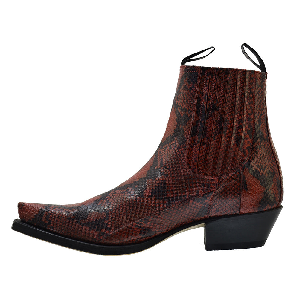 Sendra Spain Model 1692P Red Print Python Calf-skin Leather Pull-up Ankle Cowboy Boots