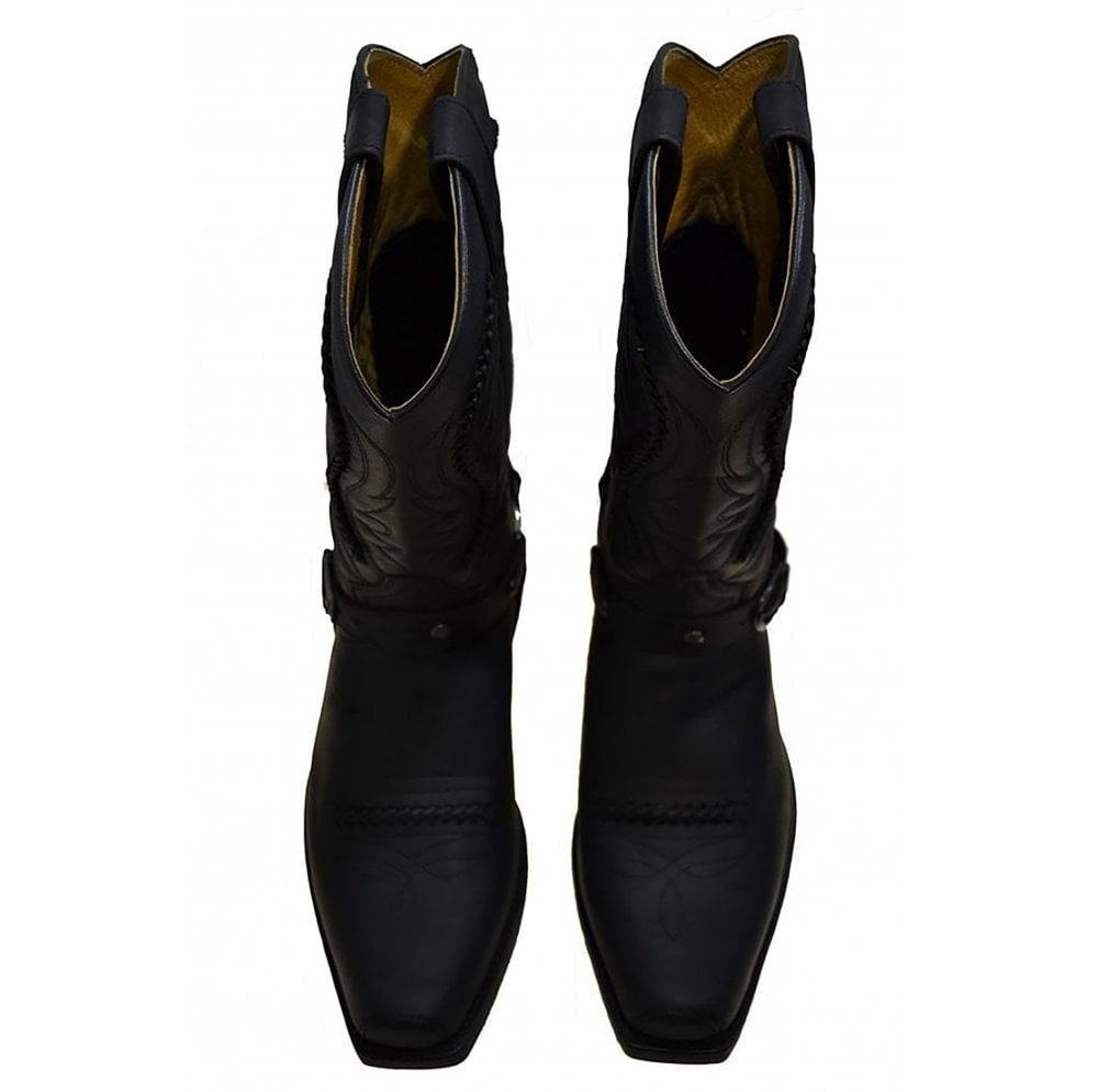 Sendra 3434 Black Leather Cuban Heel Harness Mid Calf Biker Boots