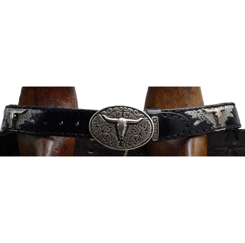 Sendra Belt 512 Black Leather Natural Python Skin Toro Buckle