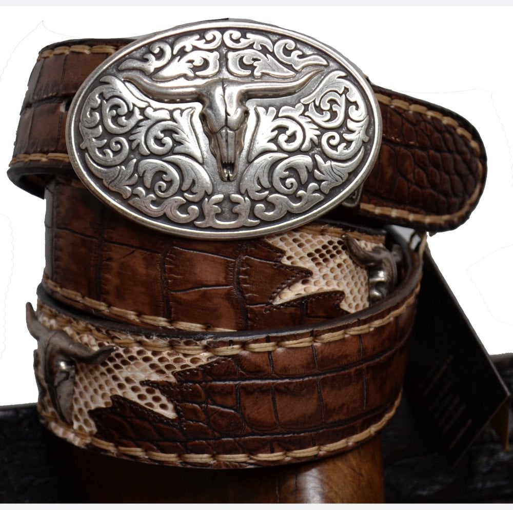 Sendra Men's Belt 512 Brown Print Crocodile Leather Python Skin Toro Buckle