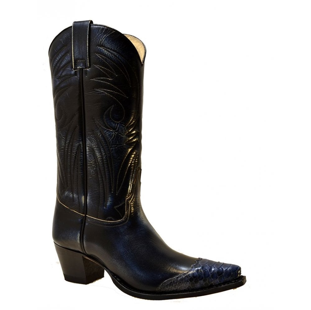 Sendra Women's Shoes 6897P Blue Leather Blue Python Skin West Heel Classic Mid Calf Cowboy Boots