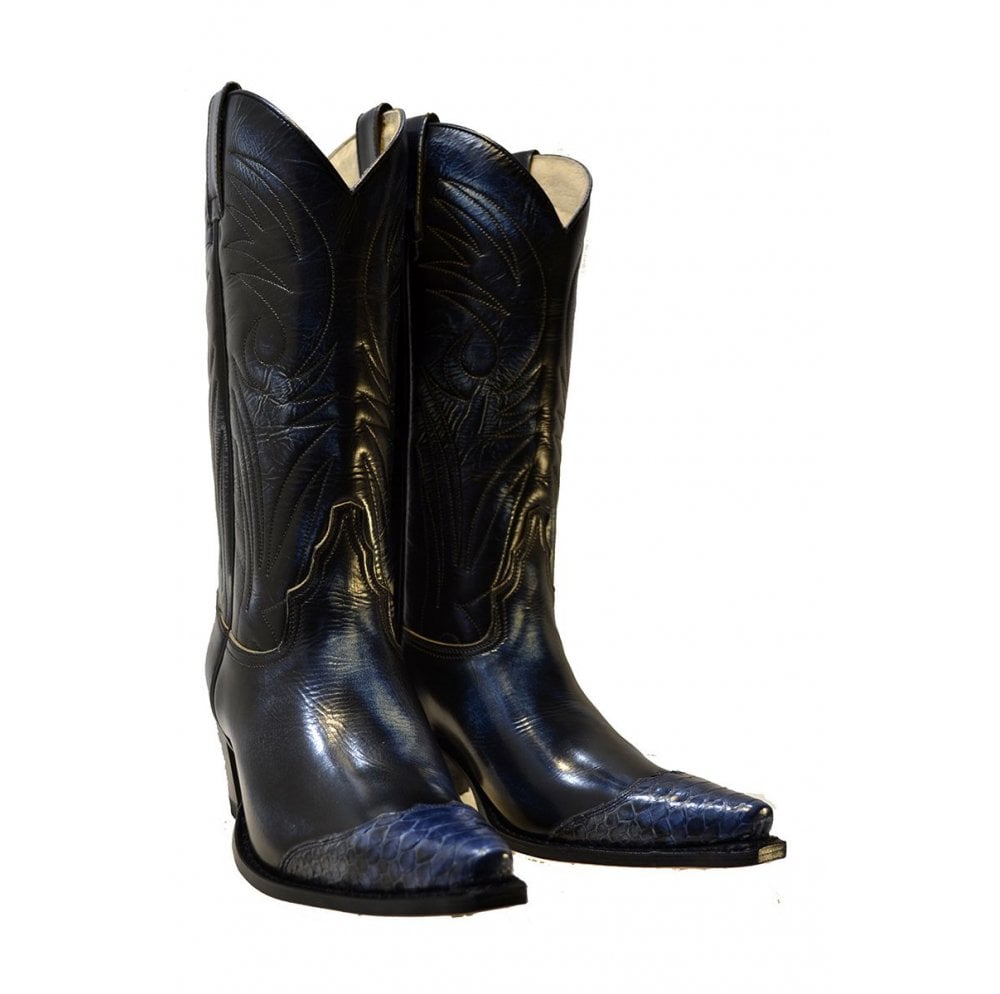 Sendra 6897P Blue Leather Blue Python Skin West Heel Classic Mid Calf Cowboy Boots