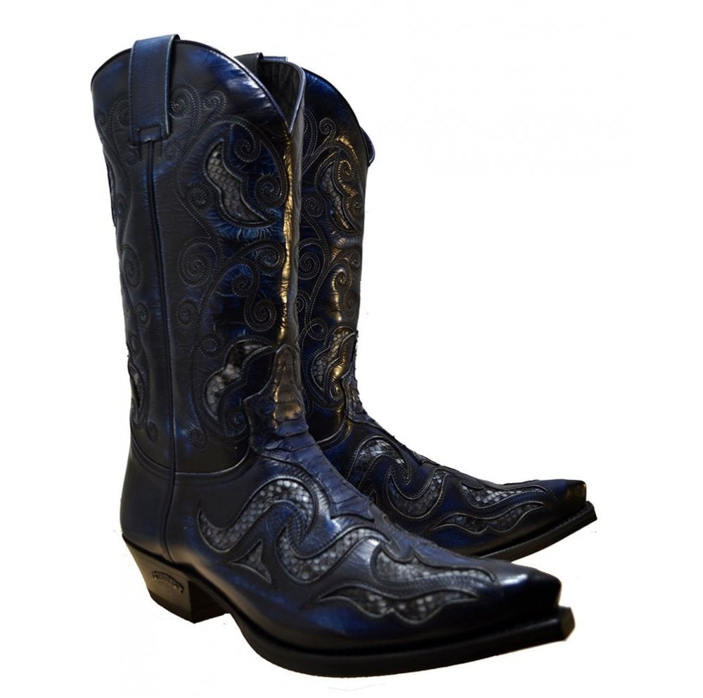 Sendra 7428P Blue Leather Blue Python Skin West Heel Mid Calf Cowboy Boots