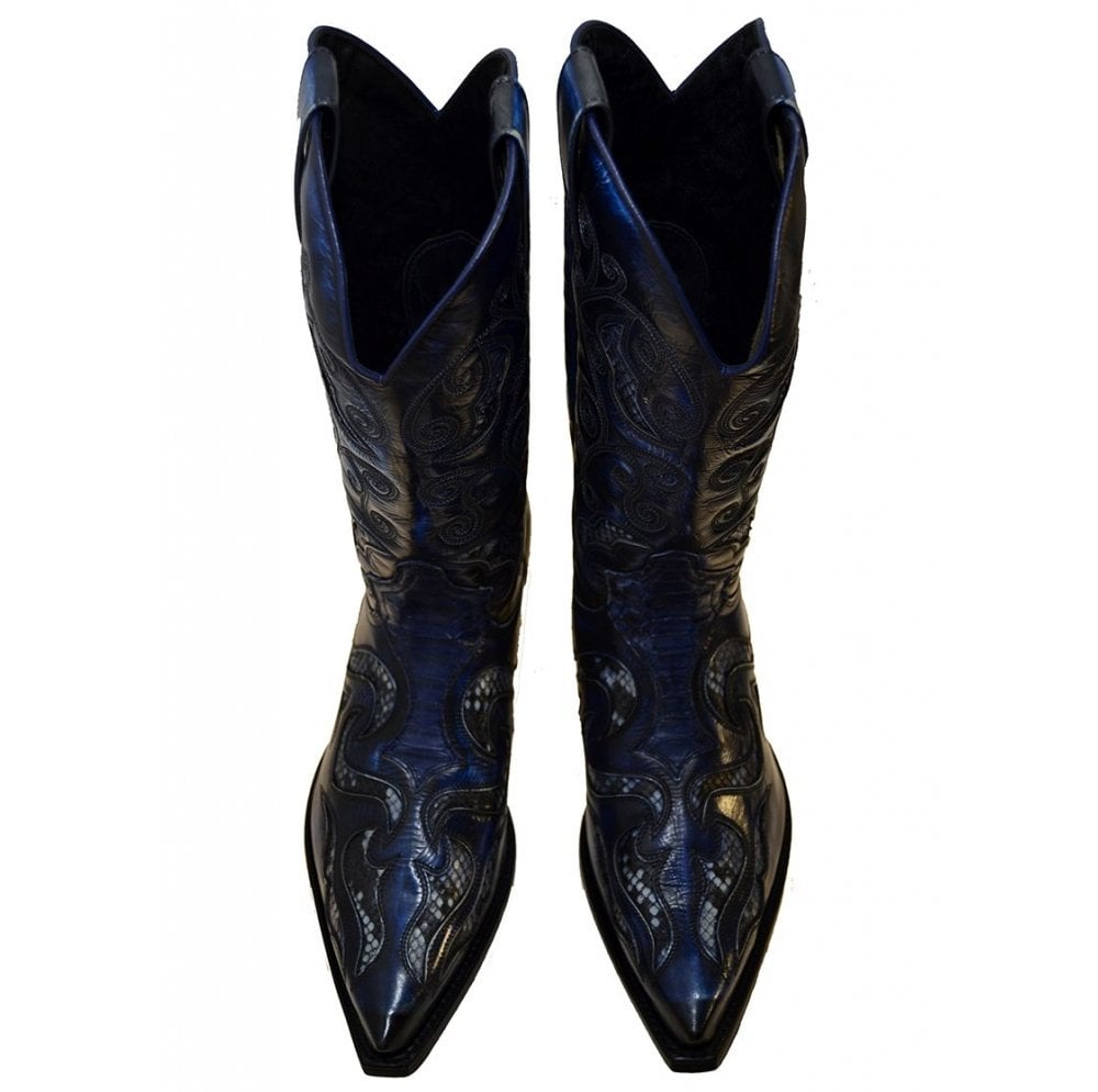 Sendra 7428P Blue Leather Blue Python Skin West Heel Mid Calf Cowboy Boots