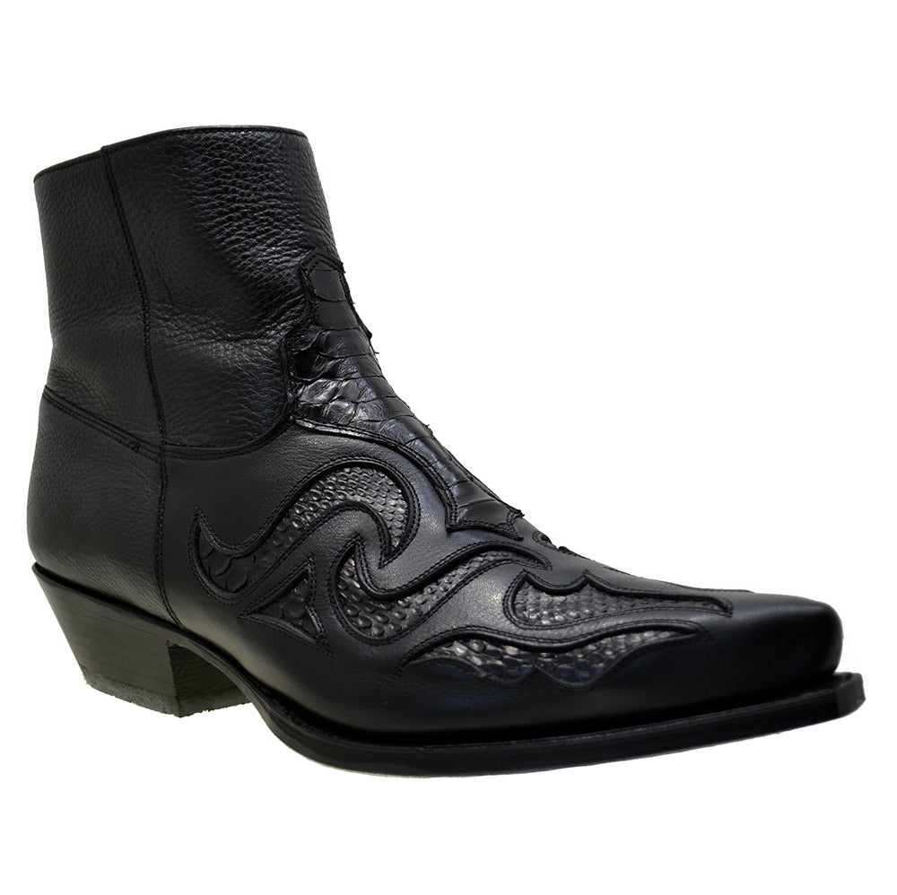 Men's Cowboy Boots Sendra 7482P Black Leather Black Python Skin Cuban Heel