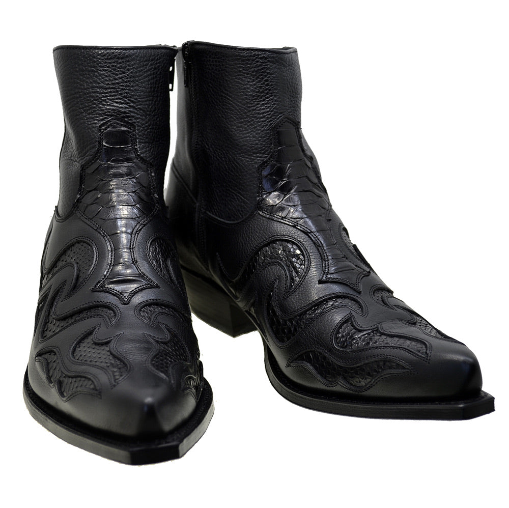 Men's Cowboy Boots Sendra 7482P Black Leather Black Python Skin Cuban Heel