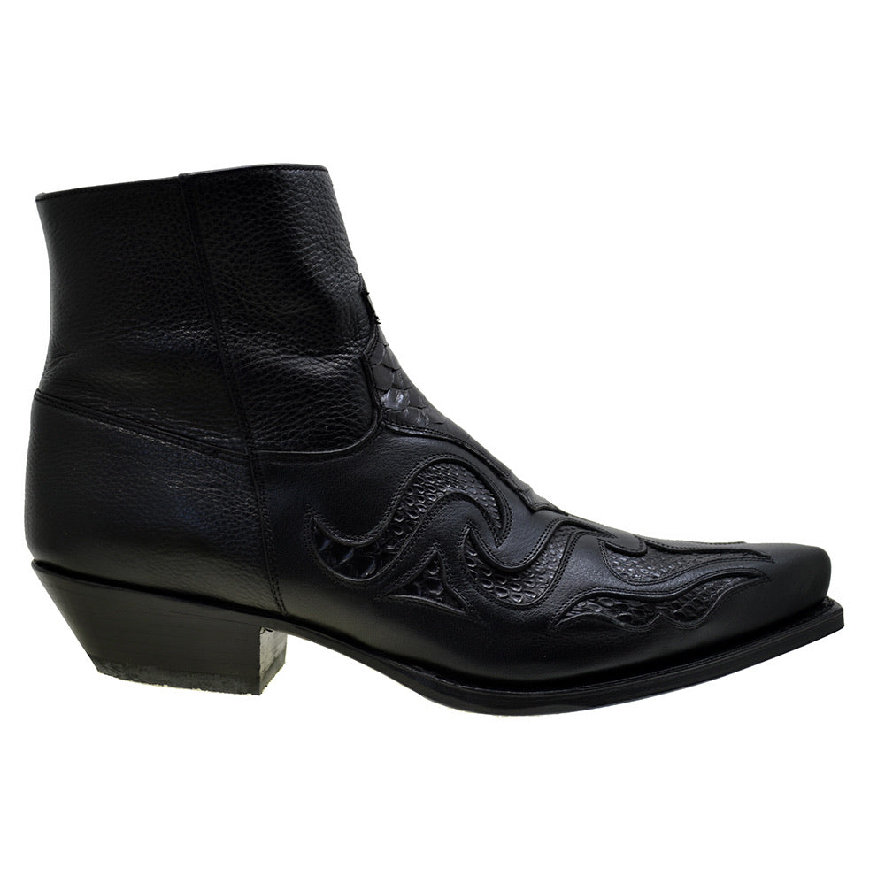 Men's Cowboy Boots Sendra 7482P Black Leather Black Python Skin Cuban Heel