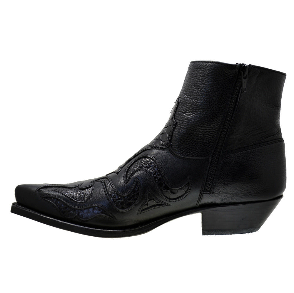 Men's Cowboy Boots Sendra 7482P Black Leather Black Python Skin Cuban Heel