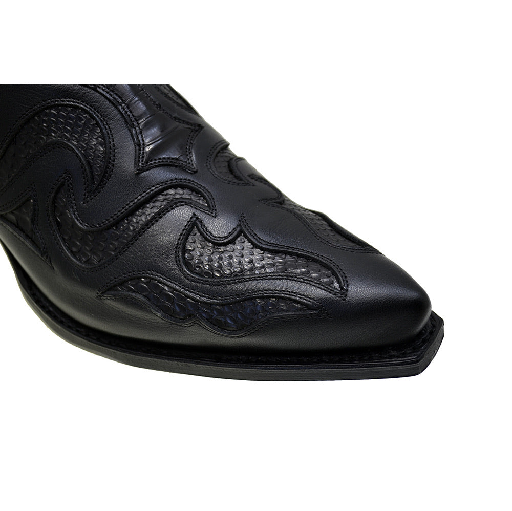 Men's Cowboy Boots Sendra 7482P Black Leather Black Python Skin Cuban Heel