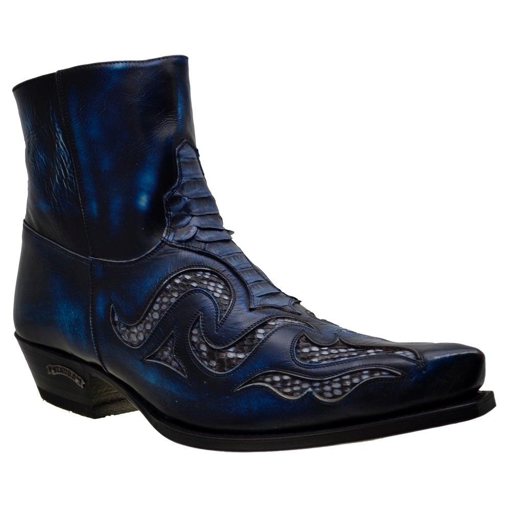 Sendra Men's Shoes 7482p Blue Leather Blue Python Skin Ankle Cowboy BootsSendra 7482P Blue Leather Blue Python Skin Ankle Cowboy Boots