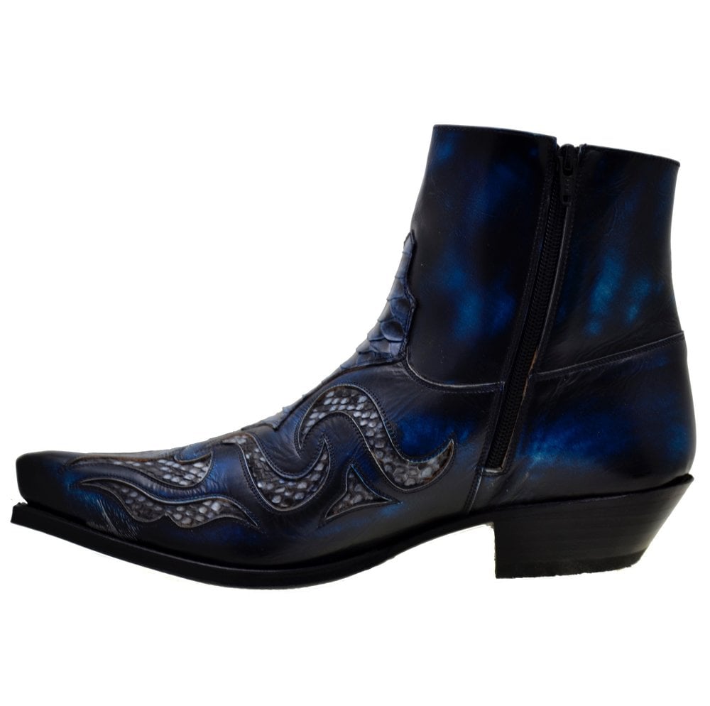 Men's Cowboy Boots Sendra 7482P Blue Leather Blue Python Skin Cuban Heel