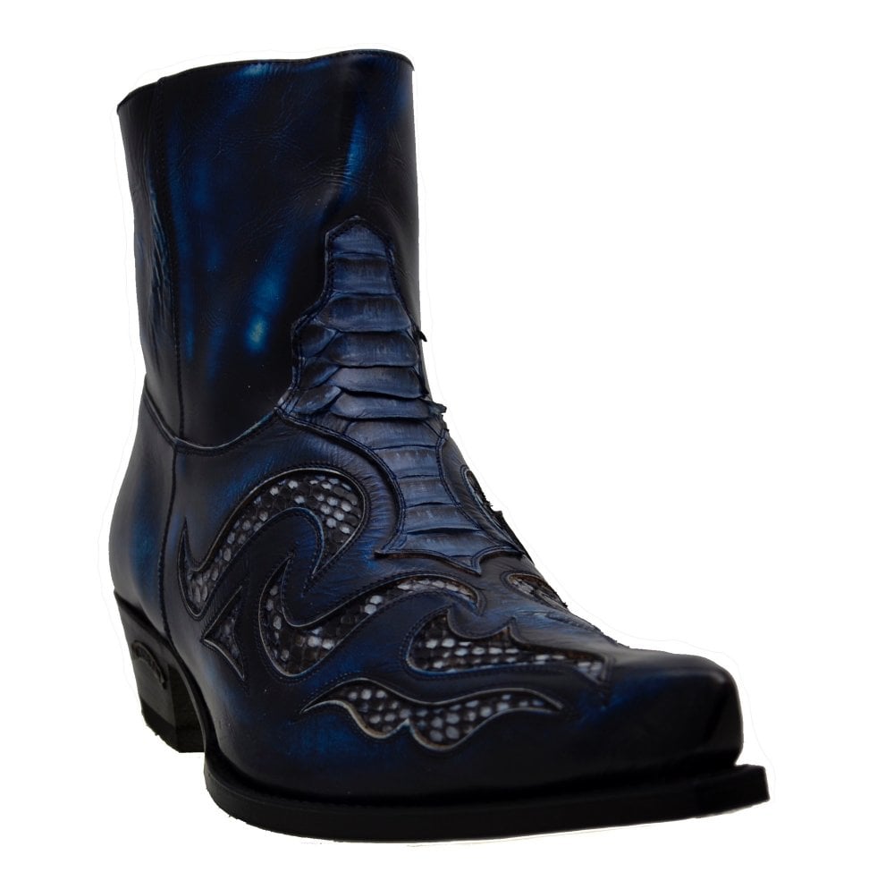 Men's Cowboy Boots Sendra 7482P Blue Leather Blue Python Skin Cuban Heel
