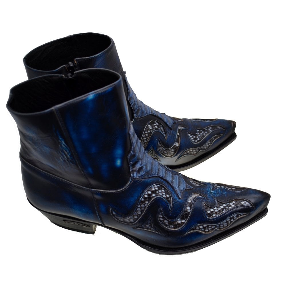 Men's Cowboy Boots Sendra 7482P Blue Leather Blue Python Skin Cuban Heel
