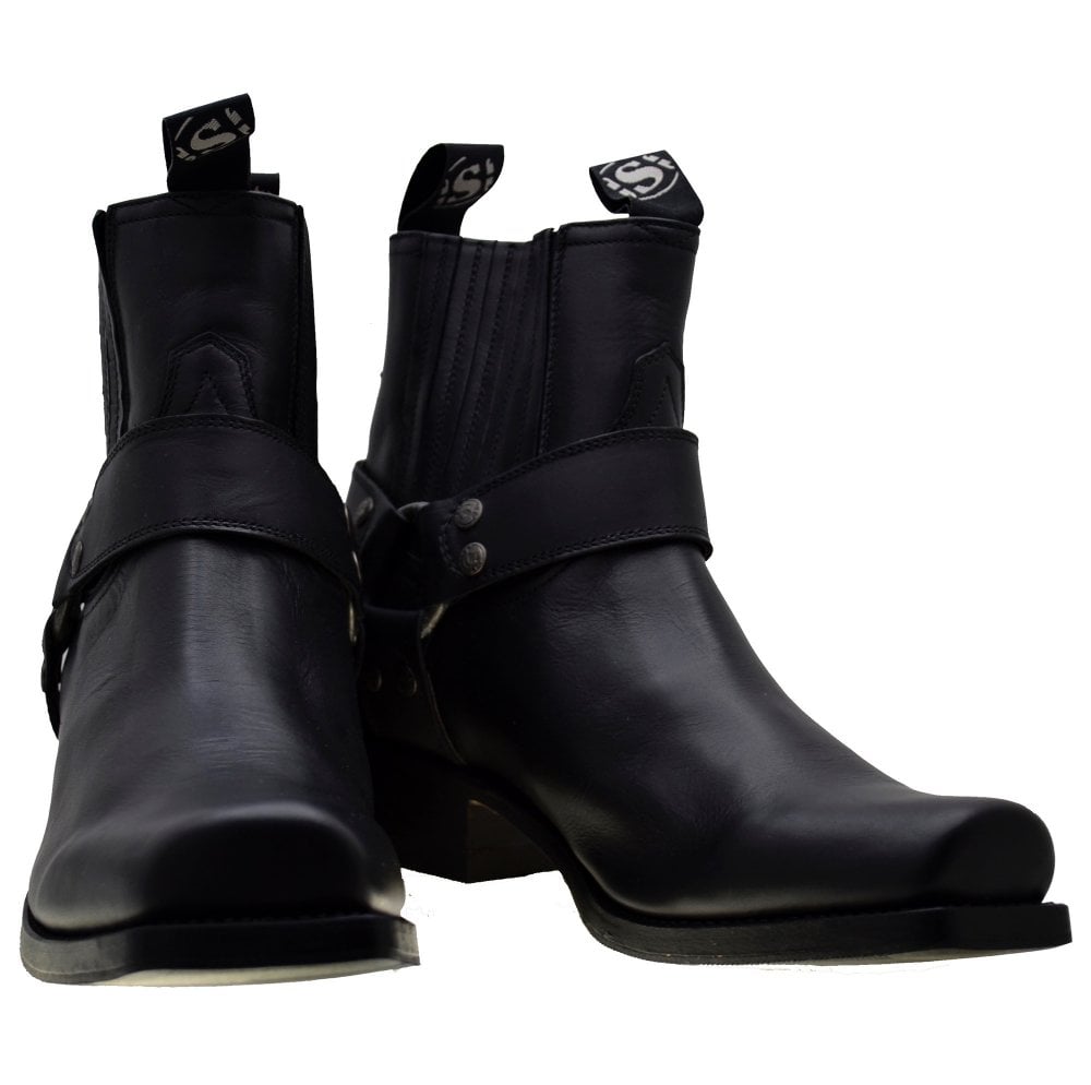 Sendra 8286 Black Leather Square Toe Harness Ankle Biker Boots