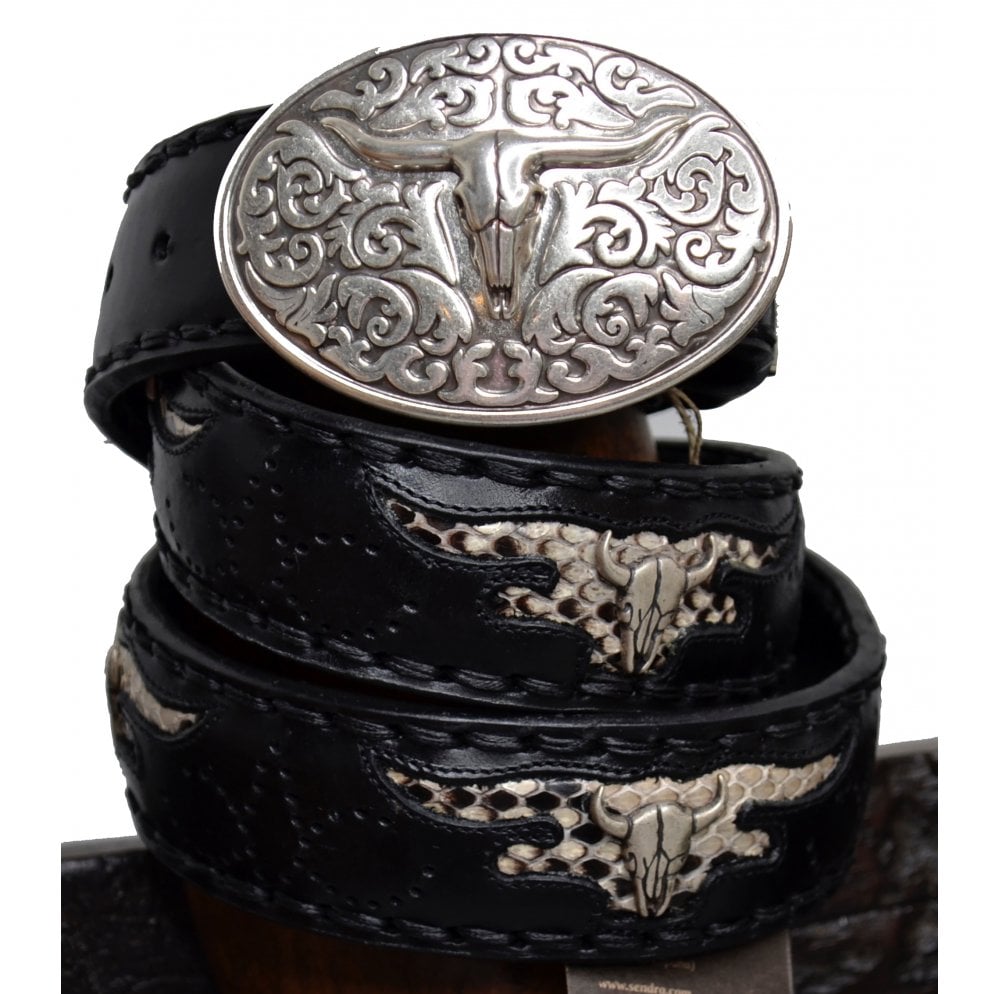 Sendra Men's Belt 8322 Black Leather Natural Python Skin Toro Buckle