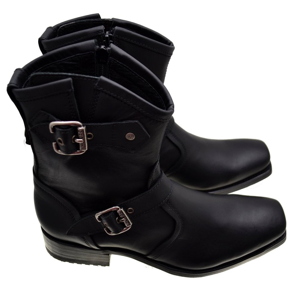 Sendra 8787 Black Leather Square Toe Ankle Biker Boots