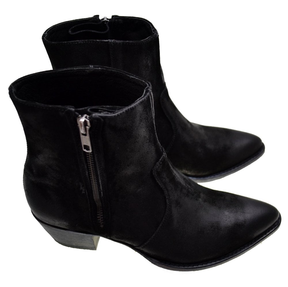 Sendra 12096 Black Vintage Wax Suede Cuban Heel Formal Ankle Boots